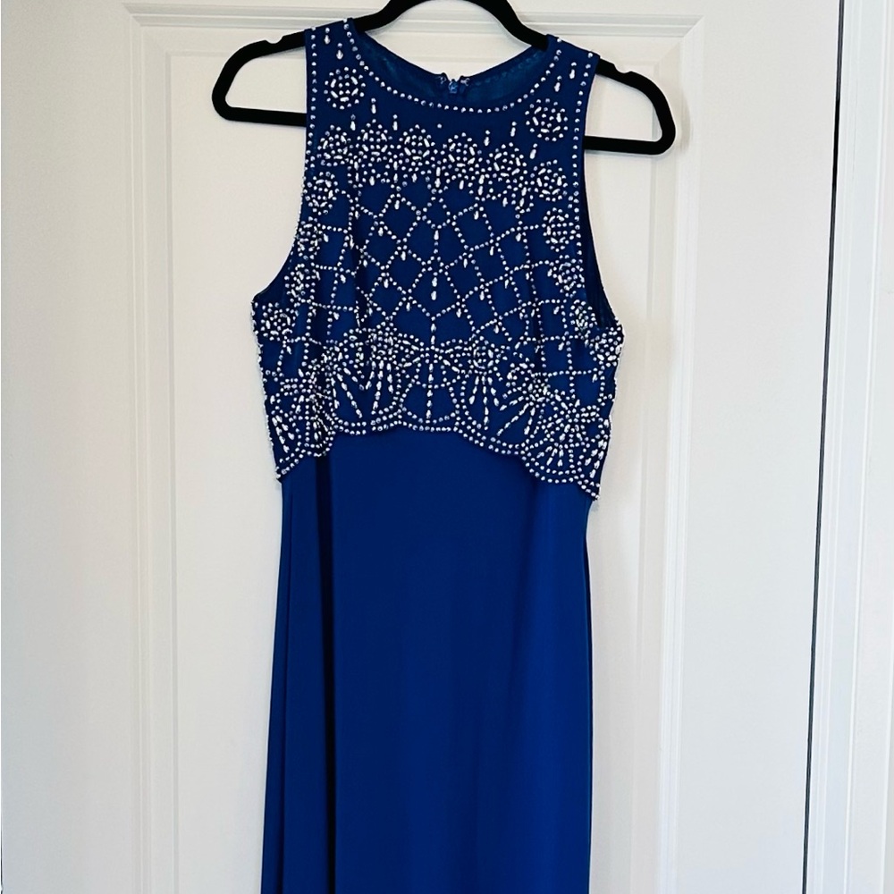 CACHET Gown Royal Blue Party Lined Sheer Silver Embellished Maxi S/L Sz S 4-6